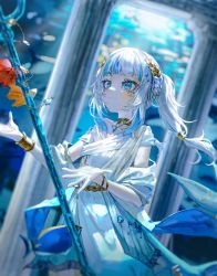Rule 34 | 1girl, absurdres, ancient greek clothes, blue eyes, blue hair, blunt bangs, bracelet, braid, choker, dress, fins, fish, fish tail, french braid, gawr gura, gawr gura (party dress), greco-roman clothes, highres, hololive, hololive english, jewelry, laurel crown, multicolored hair, polearm, quasarcake, shark girl, solo, streaked hair, surgeonfish, tail, trident, twintails, underwater, virtual youtuber, weapon, white hair