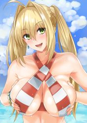 Rule 34 | 1girl, ahoge, bikini, blonde hair, blush, breasts, criss-cross halter, day, earrings, fate/grand order, fate (series), gachou, grabbing, grabbing another&#039;s breast, green eyes, hair between eyes, hair intakes, halterneck, jewelry, large breasts, long hair, looking at viewer, navel, nero claudius (fate), nero claudius (fate) (all), nero claudius (swimsuit caster) (fate), open mouth, sky, smile, solo, striped bikini, striped clothes, swimsuit, twintails, upper body, wet