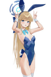 Rule 34 | 1girl, animal ears, armpits, arms up, bare shoulders, blonde hair, blue archive, blue bow, blue bowtie, blue eyes, blue halo, blue leotard, blush, bow, bowtie, breasts, collar, commentary, cowboy shot, detached collar, double v, earpiece, fake animal ears, fake tail, gdd (vkejr702), halo, highleg, highleg leotard, highres, leotard, long hair, medium breasts, official alternate costume, official alternate hairstyle, open mouth, playboy bunny, rabbit ears, rabbit tail, simple background, solo, strapless, strapless leotard, tail, thighhighs, thighs, toki (blue archive), toki (bunny) (blue archive), upper body, v, very long hair, white background, white collar, white thighhighs, white wrist cuffs, wrist cuffs