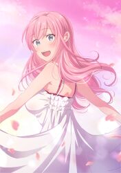 1girl :d absurdres bare_arms bare_shoulders blue_eyes blush bra bra_peek breasts commentary cowboy_shot dress falling_petals from_behind fuufu_ijou_koibito_miman. highres kanamaru_yuuki large_breasts long_hair looking_at_viewer looking_back open_mouth petals pink_hair pink_petals pink_sky red_bra skirt_hold sky smile solo sundress symbol-only_commentary teeth underwear upper_teeth_only watanabe_akari white_dress