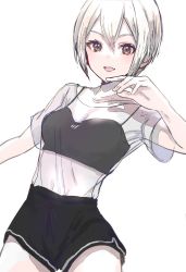 Rule 34 | 1girl, black bra, black shorts, bra, breasts, brown eyes, cleavage, commentary request, cowboy shot, gawako, hand up, highres, idolmaster, idolmaster cinderella girls, looking at viewer, open mouth, see-through, see-through shirt, shiomi syuko, short hair, short sleeves, shorts, simple background, small breasts, smile, solo, teeth, underwear, upper teeth only, white background, white hair