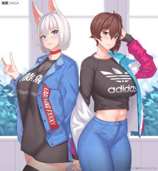 Rule 34 | 2girls, adidas, alternate costume, azur lane, black dress, black legwear, black shirt, blue eyes, blue pants, blush, breasts, brown eyes, brown hair, character name, choker, clothes writing, contemporary, copyright name, crossover, denim, denim jacket, dress, fox shadow puppet, franham, hair between eyes, hand gesture, hand on own chest, highres, historical name connection, holding hands, interlocked fingers, jacket, jeans, kaga (azur lane), kaga (kancolle), kantai collection, large breasts, long sleeves, looking at viewer, midriff, multiple girls, name connection, navel, open clothes, open jacket, pants, parted lips, pink lips, red choker, shirt, short dress, short hair, silver hair, smile, standing, thighhighs, white background