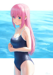 Rule 34 | 1girl, artist name, backlighting, blue eyes, blue one-piece swimsuit, blush, bocchi the rock!, border, breasts, collarbone, commentary request, competition school swimsuit, cowboy shot, day, from side, gotoh hitori, groin, hair between eyes, hands up, highres, long hair, looking at viewer, medium breasts, nervous smile, omoneri, one-piece swimsuit, outdoors, outside border, own hands together, pink hair, school swimsuit, shiny clothes, sidelocks, signature, smile, solo, standing, swimsuit, taut clothes, taut swimsuit, water, wet, wet clothes, wet swimsuit, white border