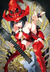 Rule 34 | 1girl, arc system works, bare shoulders, beckoning, black hair, boots, breasts, electric guitar, fingerless gloves, gloves, guilty gear, guitar, halterneck, hat, i-no, instrument, large breasts, lipstick, makeup, miniskirt, nail polish, red hat, skirt, solo, thigh boots, thighhighs, tsurukame, witch hat, zettai ryouiki