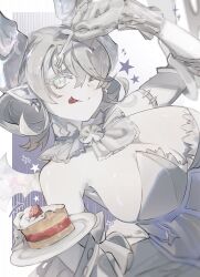 Rule 34 | 1girl, ;p, breasts, cake, cleavage, demon girl, demon horns, demon wings, dress, duel monster, food, fork, formal, gloves, grey eyes, grey hair, greyscale, highres, holding, holding fork, holding plate, horns, kurohibi, large breasts, lovely labrynth of the silver castle, monochrome, one eye closed, plate, pointy ears, solo, suit, tongue, tongue out, twintails, white gloves, white suit, wings, yu-gi-oh!