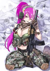 Rule 34 | 1girl, amputee, assault rifle, breasts, cigarette, cleavage, derivative work, female soldier, gun, highres, horns, large breasts, matsuryuu, military, military uniform, original, pink hair, rifle, smoke, third-party edit, uniform, weapon