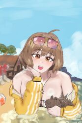 Rule 34 | 1girl, ahoge, anis (nikke), anis (sparkling summer) (nikke), ball, bare shoulders, beach chair, beach umbrella, beachball, bikini, breasts, brown eyes, cabin, cloud, cloudy sky, eyepatch bikini, eyewear on head, fish, hand on own cheek, hand on own face, hopefully this one is approved, jacket, jewelry, large breasts, light smile, necklace, non-web source, palm tree, short hair, sky, star (symbol), stonefish, sunglasses, swimsuit, tree, umbrella, wilson (cast away), yellow jacket, zyrobot