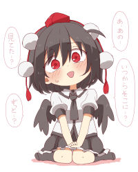 Rule 34 | 1girl, :d, absurdres, black hair, black necktie, black skirt, black socks, black wings, blush, chibi, collared shirt, colored shadow, dress shirt, feathered wings, frilled skirt, frills, full body, hair between eyes, hands on lap, hat, head tilt, highres, looking at viewer, mini hat, necktie, no shoes, open mouth, own hands together, pleated skirt, pom pom (clothes), puffy short sleeves, puffy sleeves, red eyes, red hat, red tassel, shadow, shameimaru aya, shirt, short sleeves, simple background, sitting, skirt, smile, socks, solo, sweat, tokin hat, totoharu (kujirai minato), touhou, translation request, wariza, white background, white shirt, wings