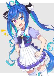 Rule 34 | 1girl, :d, @ @, ahoge, animal ears, aqua hair, blouse, blue eyes, blue hair, bow, bowtie, commentary, cowboy shot, frilled skirt, frills, grey background, hair between eyes, hands on own hips, heterochromia, highres, horse ears, horse girl, horse tail, long hair, looking at viewer, multicolored hair, nonono (mino), open mouth, pink eyes, pleated skirt, puffy short sleeves, puffy sleeves, purple shirt, school uniform, sharp teeth, shirt, short sleeves, simple background, skirt, smile, solo, tail, teeth, thighhighs, tracen school uniform, twin turbo (umamusume), twintails, two-tone hair, umamusume, very long hair, white thighhighs