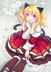 Rule 34 | 1girl, :d, animal ears, bad id, bad pixiv id, black pantyhose, blonde hair, blush, capelet, cat ears, cat girl, cat tail, character request, commentary request, dress, fang, hair between eyes, levka, long hair, long sleeves, open mouth, pantyhose, purple eyes, red dress, sidelocks, sitting, smile, solo, sparkle, tail, trickster (ntreev soft), two side up, white capelet