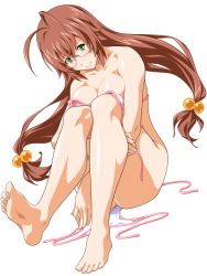 Rule 34 | 00s, 1girl, antenna hair, bare legs, bare shoulders, barefoot, bikini, blush, breasts, brown hair, cleavage, closed mouth, collarbone, convenient leg, feet, female focus, full body, glasses, green eyes, hair bobbles, hair ornament, head tilt, hugging own legs, ikkitousen, large breasts, legs, long hair, looking at viewer, low-tied long hair, rimless eyewear, ryuubi gentoku, simple background, sitting, smile, soles, solo, swimsuit, toes, untied bikini, white background, white bikini, yosiyomogi