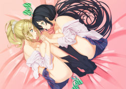 Rule 34 | 2girls, aiueonesan (umanaminoatama), ayase eli, bad id, bad pixiv id, bed sheet, black hair, black socks, blonde hair, blue skirt, bow, bowtie, breasts, cleavage, collarbone, eye contact, feet, from above, green bow, green bowtie, green eyes, hair between eyes, hair ornament, hair scrunchie, holding hands, interlocked fingers, kneehighs, long hair, looking at another, love live!, love live! school idol project, medium breasts, miniskirt, multiple girls, no bra, no panties, no shoes, open clothes, open shirt, pleated skirt, ponytail, scrunchie, shirt, skirt, smile, socks, striped bow, striped bowtie, striped clothes, striped neckwear, tojo nozomi, unworn bowtie, very long hair, white shirt, yuri