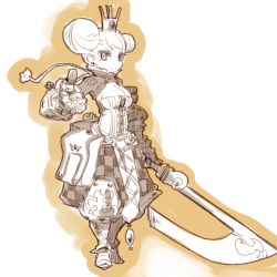 Rule 34 | 1girl, armor, axe, breasts, cleavage, cleavage cutout, clothing cutout, crown, double bun, full body, gauntlets, hair bun, looking at viewer, mota, original, short hair, simple background, sketch, solo, sword, thumbs up, weapon, white background