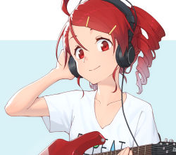 Rule 34 | 1girl, ahoge, cable, collarbone, commentary, commission, drill hair, electric guitar, guitar, hair ornament, hairclip, hand on headphones, highres, holding, holding instrument, instrument, kasane teto, looking at viewer, mixed-language commentary, red eyes, red hair, shirt, short hair, smile, solo, swept bangs, t-shirt, twin drills, utau, white shirt, yasutange