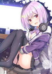 Rule 34 | 10s, 1girl, :d, absurdres, ass, black thighhighs, blush, breasts, cable, cleavage, collared shirt, commentary request, gridman universe, headphones, highres, large breasts, light purple hair, long hair, looking at viewer, open mouth, pleated skirt, red eyes, school uniform, shinjou akane, shirt, sitting, skirt, smile, solo, sparkle, ssss.gridman, thighhighs, tomoo (tomo)