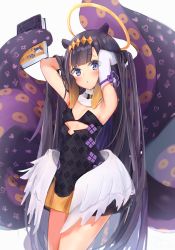 Rule 34 | 1girl, animal ears, ao-chan (ninomae ina&#039;nis), armpits, arms up, blush, breasts, hair ornament, halo, highres, hololive, hololive english, long hair, looking at viewer, ninomae ina&#039;nis, ninomae ina&#039;nis (1st costume), purple eyes, purple hair, seboneko, simple background, small breasts, solo, tentacles, virtual youtuber, white background
