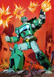 Rule 34 | 1boy, autobot, blue eyes, cigar, clenched hand, collaboration, commentary, english commentary, explosion, firing, gun, highres, holding, holding gun, holding weapon, kup (transformers), looking up, losineko, mecha, nick roche, no humans, robot, science fiction, solo, the transformers (idw), transformers, weapon