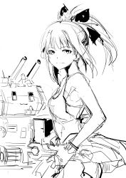 Rule 34 | 1girl, alternate costume, armpit peek, bare shoulders, bra, cannon, fingerless gloves, gloves, greyscale, hair ribbon, highres, jacket, kantai collection, long hair, looking at viewer, machinery, monochrome, open clothes, open jacket, poytail, rensouhou-kun, ribbon, sidelocks, simple background, singlet, sketch, smile, solo, turrent, underwear, upper body, wrench, yototeitoku, yuubari (kancolle)