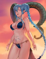 Rule 34 | + +, 1girl, :d, artist name, bare shoulders, bikini, blue bikini, blue hair, blue nails, braid, breasts, cleavage, collarbone, commentary, crossed bangs, curled horns, dated, double bun, dragon girl, dragon horns, dragon tail, duokhay, english commentary, fangs, fate/grand order, fate (series), fingernails, hair between eyes, hair bun, highres, horns, large breasts, long braid, long hair, long horns, looking at viewer, nail polish, navel, open mouth, pink eyes, pointy ears, pubic tattoo, sharp fingernails, smile, solo, stomach tattoo, swimsuit, symbol-shaped pupils, tail, tattoo, tiamat (fate), twin braids, very long hair, x-shaped pupils