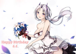 Rule 34 | 1girl, artist name, bad id, bad pixiv id, bare shoulders, blush, breasts, cleavage, closers, dated, dress, floating hair, frilled dress, frills, happy birthday, large breasts, levia (closers), long hair, looking at viewer, no bra, open mouth, pointy ears, purple eyes, silver hair, solo, strapless, strapless dress, wedding dress, wind, yeooudam