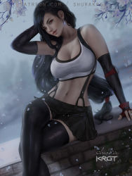 Rule 34 | 1girl, arm behind head, arm support, arm up, black hair, black skirt, black thighhighs, breasts, cherry blossoms, cleavage, crossed legs, elbow gloves, final fantasy, final fantasy vii, final fantasy vii remake, fingerless gloves, gloves, long hair, looking at viewer, low-tied long hair, navel, shurakrgt, skirt, smile, square enix, stomach, thighhighs, tifa lockhart, toned, very long hair