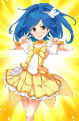 Rule 34 | 1girl, asterisk (asterism), bike shorts, bike shorts under skirt, blue hair, blush, bow, brown eyes, choker, collarbone, cosplay, cure peace, cure peace (cosplay), double v, earrings, hair flaps, hair ornament, highres, idolmaster, idolmaster (classic), jewelry, kisaragi chihaya, long hair, magical girl, open mouth, precure, shorts, shorts under skirt, skirt, smile precure!, solo, v, wrist cuffs, yellow bow, yellow shorts, yellow skirt, yellow theme