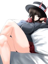 Rule 34 | 1girl, absurdres, aikir (jml5160), bed sheet, black headwear, black jacket, boater hat, brown eyes, brown hair, closed mouth, commentary, domino mask, girls und panzer, girls und panzer ribbon no musha, head rest, highres, insignia, jacket, legs, crossed legs, light frown, long sleeves, looking at viewer, mask, miniskirt, nishizumi maho, on bed, pillow, pleated skirt, red skirt, short hair, simple background, sitting, skirt, solo, tilted headwear, track jacket, white background