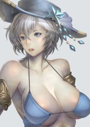 Rule 34 | 10s, 1girl, anastasia (idolmaster), armband, bad id, bad pixiv id, bare shoulders, blue eyes, breasts, collarbone, granblue fantasy, hat, highres, idolmaster, idolmaster cinderella girls, large breasts, lips, looking at viewer, parted lips, shimashima (simasima 23), short hair, silver hair, simple background, solo, upper body