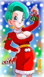 Rule 34 | 1girl, absurdres, ass, blue eyes, blue hair, breasts, bulma, christmas, covered erect nipples, dragon ball, dragon ball gt, english text, female focus, highres, japanese text, large breasts, short hair, smile, text focus, translation request, yamamoto doujin