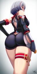 Rule 34 | 1girl, ass, ass focus, blue eyes, breasts, butt crack, from behind, from below, gloves, highres, honkai: star rail, honkai (series), huge ass, leotard, looking to the side, medium breasts, multicolored hair, red hair, short hair, short shorts, shorts, sideboob, solo, thick thighs, thigh strap, thighs, topaz (honkai: star rail), two-tone hair, white hair