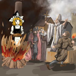 Rule 34 | 1girl, :o, absurdres, apron, black dress, blonde hair, blush, bow, braid, burning, catholic, chileshi, commentary, cross, dress, fire, hat, hat bow, highres, kirisame marisa, legacy of lunatic kingdom, looking at another, medieval, multiple boys, murder, open mouth, running, short hair, side braid, single braid, smoke, stake, touhou, trial, waist apron, witch, witch hat, zun (style)
