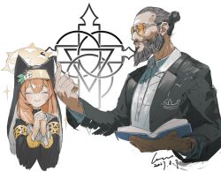 Rule 34 | 1boy, 1girl, :&gt;, ^ ^, absurdres, animal ear headwear, animal ears, beard, beckoning, black jacket, black theme, blue archive, book, braid, buttons, cat ears, class connection, clenched teeth, closed eyes, coif, collared shirt, colorized, come hither, commentary, cropped torso, crown print, dated, english commentary, facial hair, facing away, facing viewer, fake animal ears, far cry, far cry 5, flower, formal, glasses, grey hair, habit, hair bun, halo, hat, hat flower, highres, holding, holding book, hood, hood up, index finger raised, interlocked fingers, jacket, joseph seed, light blush, long hair, long sleeves, looking ahead, looking to the side, making-of available, mari (blue archive), mature male, nun, open book, orange hair, own hands clasped, own hands together, parted lips, pointing, pointing up, praying, priest, sailor collar, shirt, signature, single braid, sketch, smile, sparkle, suit, symbol request, teeth, tinted eyewear, turtleneck, upper body, wawon (wan wawon), white sailor collar, white shirt, yellow-tinted eyewear