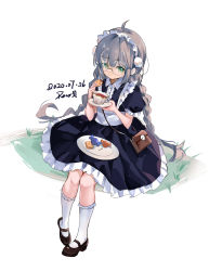 Rule 34 | 1girl, :t, bag, black dress, black footwear, braid, candy, candy wrapper, closed mouth, collared dress, cookie, copyright request, cup, dated, dress, eating, food, frilled dress, frills, full body, glasses, green eyes, grey hair, highres, holding, holding food, holding saucer, long hair, looking at viewer, plate, puffy short sleeves, puffy sleeves, rero (bigdoorbig2), round eyewear, saucer, shoes, short sleeves, shoulder bag, signature, sitting, socks, solo, tea, teacup, twin braids, very long hair, white background, white socks, wrapped candy