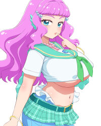 Rule 34 | 1girl, alternate breast size, aqua sailor collar, arm at side, bead necklace, beads, belt, blue eyes, blunt bangs, breasts, covered erect nipples, cowboy shot, crop top, eyelashes, finger to mouth, fins, from side, green belt, green neckerchief, green skirt, hair bobbles, hair ornament, hand to own mouth, hand up, huge breasts, index finger raised, jewelry, laura (precure), lips, long hair, looking at viewer, looking to the side, mermaid, midriff, miniskirt, monster girl, navel, neckerchief, necklace, parted lips, pink hair, plaid, plaid skirt, pleated skirt, precure, purple hair, sailor collar, school uniform, serafuku, shirt, short sleeves, sidelocks, sideways glance, simple background, skirt, solo, tropical-rouge! precure, umi no tarako, underboob, wavy hair, white background, white shirt, wristlet