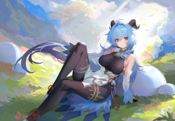 Rule 34 | 1girl, absurdres, ahoge, arm support, bare shoulders, bell, black gloves, black pantyhose, blue hair, breasts, chinese knot, detached sleeves, flower knot, full body, ganyu (genshin impact), genshin impact, gloves, hand on own knee, high heels, highres, horns, knee up, large breasts, long hair, looking at viewer, neck bell, outdoors, pantyhose, purple eyes, sidelocks, sitting, smile, solo, tassel, thighs, vision (genshin impact), waist cape, white sleeves, xiuxiu