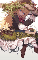 Rule 34 | 1girl, black hat, blonde hair, blue eyes, book, book on lap, boots, bow, bowtie, brown footwear, closed mouth, commentary, cross-laced footwear, crossed legs, dolphro-kun, dress, english commentary, frilled dress, frills, grey background, hair between eyes, hand on headwear, hat, knee boots, lace-up boots, large hat, leaf, long hair, long sleeves, looking at viewer, mushroom, original, petticoat, plant, puffy sleeves, sitting, skirt, solo, very long hair, white background, witch, witch hat