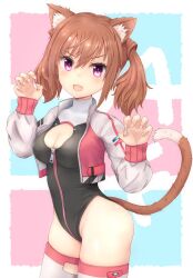 Rule 34 | 1girl, absurdres, alice gear aegis, alternate color, animal ears, black leotard, brown hair, cat ears, cat tail, circle cutout, cleavage cutout, clothing cutout, companion/af, covered collarbone, front zipper, full-length zipper, heattech leotard, highleg, highleg leotard, highres, jacket, kimikage yui, leotard, low twintails, multicolored clothes, multicolored jacket, open clothes, open jacket, race queen, red eyes, seseragi (star4rats), sleeveless, sleeveless turtleneck, sleeveless turtleneck leotard, solo, tail, thighhighs, turtleneck, twintails, two-tone jacket, two-tone leotard, white jacket, white thighhighs, zipper, zipper leotard, zipper pull tab