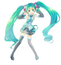 Rule 34 | 1girl, arms up, bad id, bad pixiv id, boots, detached sleeves, green eyes, green hair, hatsune miku, headset, long hair, matching hair/eyes, necktie, q-chiang, simple background, skirt, smile, solo, thigh boots, thighhighs, twintails, very long hair, vocaloid, white background