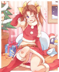 Rule 34 | 10s, 1girl, ahoge, alternate costume, bare shoulders, belt, boots, bow, box, brown hair, christmas, christmas tree, e20, elbow gloves, gift, gift box, gloves, hair bow, hair ribbon, kagerou (kancolle), kantai collection, knee boots, midriff, open mouth, panties, pantyshot, plant, potted plant, purple eyes, red footwear, red gloves, ribbon, santa costume, skirt, solo, tears, twintails, underwear, upskirt, wavy mouth, wink