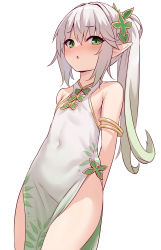 Rule 34 | 1girl, :o, absurdres, alternate costume, armlet, arms behind back, bare shoulders, blush, china dress, chinese clothes, covered navel, dress, flat chest, genshin impact, gradient hair, green eyes, green hair, hair between eyes, hair ornament, highres, looking at viewer, milkshakework, multicolored hair, nahida (genshin impact), pointy ears, side ponytail, simple background, solo, thighs, white background, white dress, white hair