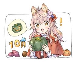 Rule 34 | !, 1girl, :o, ahoge, animal, animal ear fluff, animal ears, bird, blue flower, bluebird, bow, brown eyes, capelet, chestnut, commentary request, fang, flower, food, hair between eyes, hair bow, hair flower, hair ornament, hands up, holding, holding food, hood, hood down, hooded capelet, jack-o&#039;-lantern, long hair, long sleeves, open mouth, original, pink flower, pink hair, pumpkin, red bow, red capelet, shirt, solo, sweet potato, thought bubble, upper body, wataame27, white background, white shirt, wolf-chan (wataame27), wolf ears