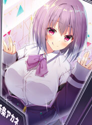 Rule 34 | 1girl, bow, bowtie, breast press, glass, gridman universe, japanese text, looking at viewer, purple eyes, purple hair, shinjou akane, short hair, solo, ssss.gridman, tanakahazime, tongue, tongue out