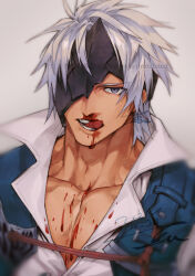 Rule 34 | 1boy, alphen (tales), blood, blood on chest, blood on clothes, broken mask, collared jacket, commentary request, dark-skinned male, dark skin, grey background, grey eyes, grey hair, half mask, jacket, licking lips, looking at viewer, male focus, mask, nosebleed, nukegara102, open mouth, short hair, solo, spiked hair, tales of (series), tales of arise, teeth, tongue, tongue out, upper body