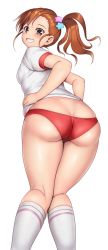 Rule 34 | 1girl, ass, ass focus, blush, breasts, brown eyes, brown hair, buruma, butt crack, commentary request, commission, feet out of frame, from behind, futami mami, grin, gym uniform, hair ornament, hands on own hips, highres, idolmaster, idolmaster (classic), kneehighs, long hair, looking at viewer, looking back, medium breasts, orizen, pixiv commission, short sleeves, side ponytail, simple background, smile, socks, solo, teeth, white background, white socks