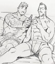 Rule 34 | 2boys, abs, arm hair, bara, billy russell (dickfish), bottle, boxers, bulge, chest hair, cigarette, couple, dickfish (fishismdick), facial hair, feet out of frame, glasses, hairy, highres, holding, holding bottle, holding cigarette, john rottweil (dickfish), large pectorals, leg hair, male focus, male underwear, mature male, multiple boys, muscular, muscular male, mustache, navel, navel hair, nipples, on bed, original, pectorals, scan, short hair, sideburns, sitting, sketch, stomach, thick eyebrows, thick thighs, thighs, topless male, traditional media, underwear, yaoi