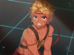 Rule 34 | 1boy, angry, artist request, blood, blood from mouth, blood on face, close-up, commentary, dark skin, fighter (dungeon and fighter), fighting, male focus, meme, muscular, pectorals, sailor moon redraw challenge (meme), solo, sword art online, teeth, textless version, topless male