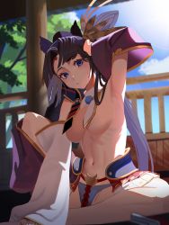 Rule 34 | 1girl, :o, absurdres, arm up, armor, armpits, asymmetrical sleeves, black hair, black hat, blue eyes, blue panties, blue sky, breast curtains, breasts, circlet, day, detached sleeves, fate/grand order, fate (series), feather hair ornament, feathers, hair ornament, hand on own head, hat, highres, indoors, japanese armor, jiki (gkdlfnzo1245), knee up, kusazuri, large breasts, long hair, long sleeves, looking at viewer, miniskirt, mismatched sleeves, on floor, panties, parted bangs, parted lips, pleated skirt, seat, showgirl skirt, sitting, skirt, sky, solo, spread legs, sunlight, underwear, ushiwakamaru (fate), very long hair, white skirt