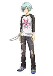 Rule 34 | 1boy, aqua hair, chain, chained, cuffs, denim, disorder 6, ears, full body, hair between eyes, handcuffs, hands, jeans, joe (disorder 6), legs, long image, long sleeves, looking at viewer, nagahama megumi, official art, pants, purple eyes, raglan sleeves, shirt, shoes, short hair, simple background, sneakers, solo, standing, symbol, tall image, torn clothes, torn jeans, torn pants, uniform, white background