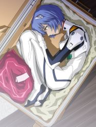 Rule 34 | 1girl, ayanami rei, blue hair, bodysuit, box, bracer, breasts, covered erect nipples, curled up, dutch angle, fetal position, fey, fey (unknown artist), folded, from above, from side, full body, gloves, hair between eyes, hair ornament, hairpods, hand on own knee, highres, in box, in container, indoors, interface headset, lying, neon genesis evangelion, on side, parted lips, pilot suit, plugsuit, profile, red eyes, rozen maiden, rug, short hair, skinny, small breasts, solo, suitcase, turtleneck, white bodysuit, wooden floor