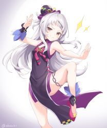 Rule 34 | 1girl, absurdres, akamoku, alternate costume, breasts, china dress, chinese clothes, commentary request, dress, hat, highres, hololive, leg up, murasaki shion, silver hair, small breasts, smug, solo, virtual youtuber, white background, yellow eyes